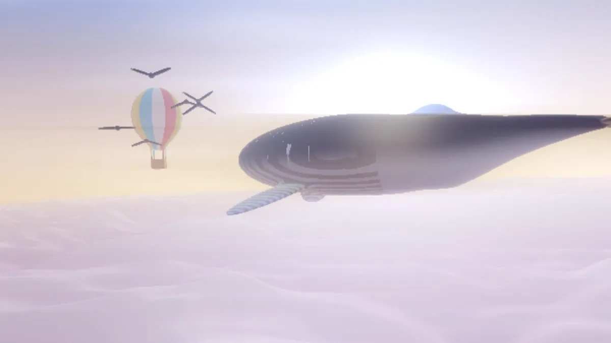 The whale and balloon picture with the sun stretched into a wide horizontal band of pale light