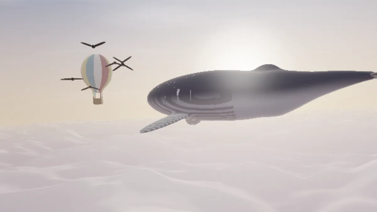The whale and balloon picture with its colors drained toward gray and the contrast raised
