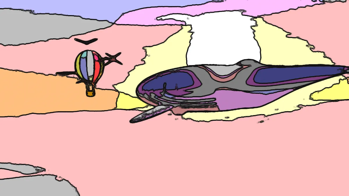 The scene as a cartoon: flat pink, yellow and lavender areas of color inside thick black outlines