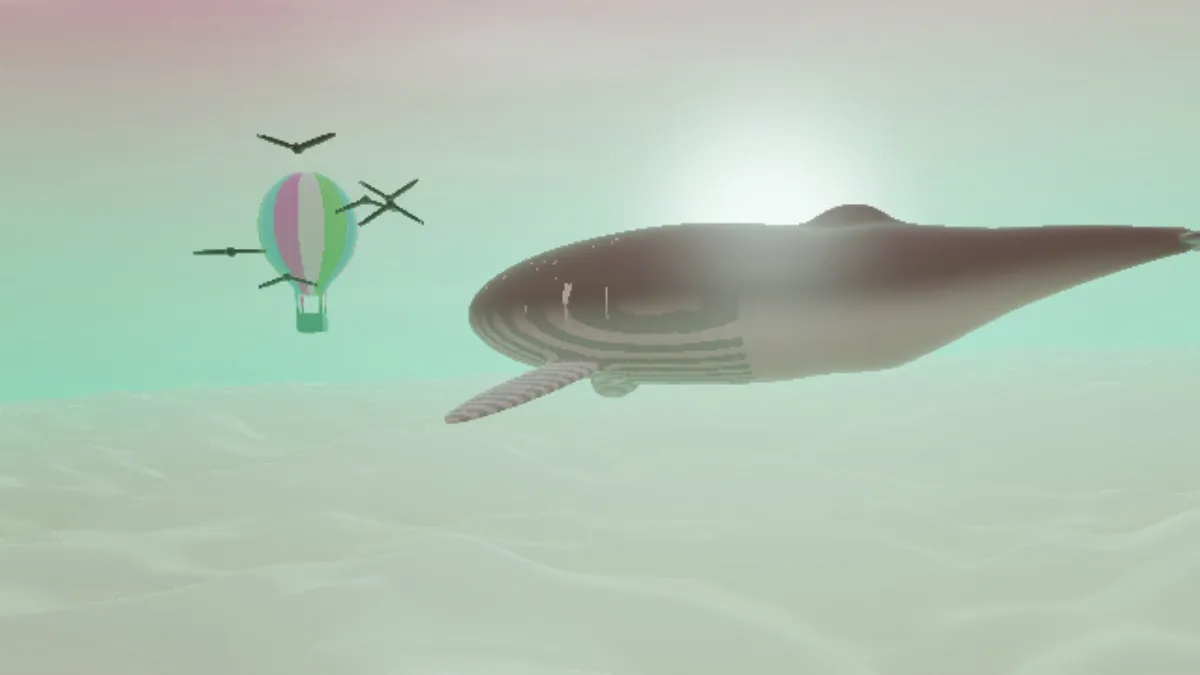 The scene with its hues turned: a mint-green sky and clouds, a brown whale and a pink and green balloon