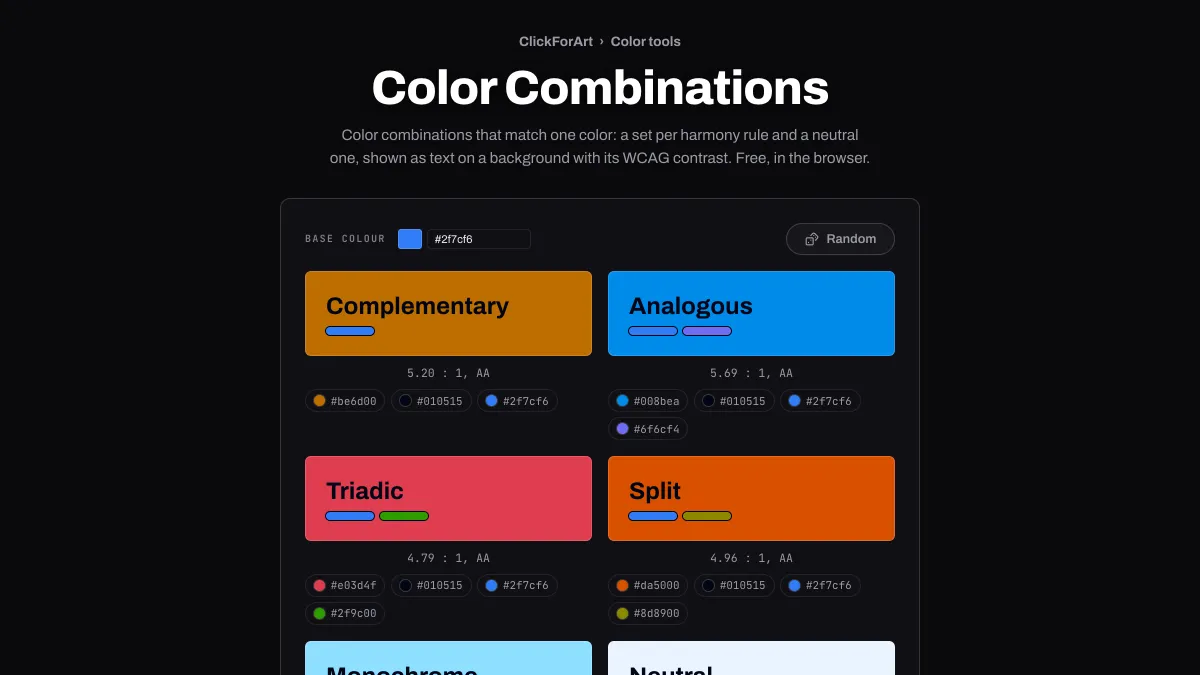 The Color Combinations tool showing complementary, analogous, triadic and split sets for #2f7cf6 with contrast ratios