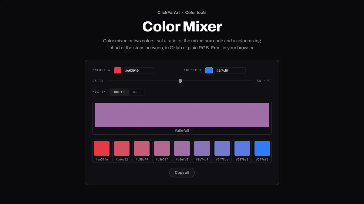 The Color Mixer blending red #e63946 and blue #2f7cf6 half and half in Oklab into #a06fa5, with the steps between