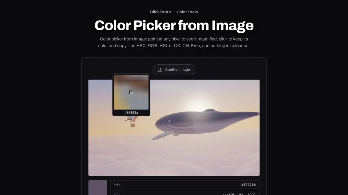 The Color Picker from Image tool magnifying the whale photo's pixels under the cursor, the picked HEX code below
