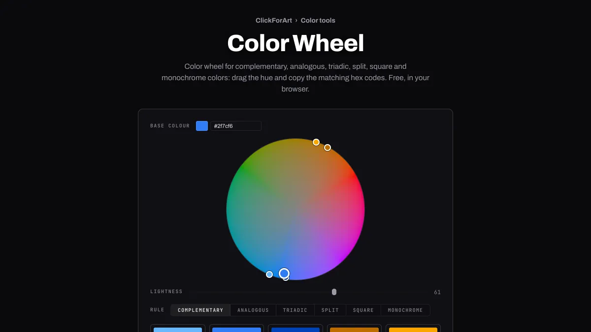 The Color Wheel tool with a blue base color and its complementary orange marked on the wheel