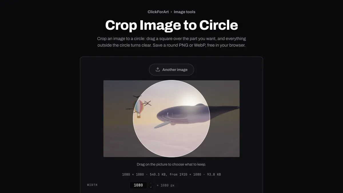 The Crop Image to Circle tool keeping a round area over the whale's head, the rest of the photo dimmed