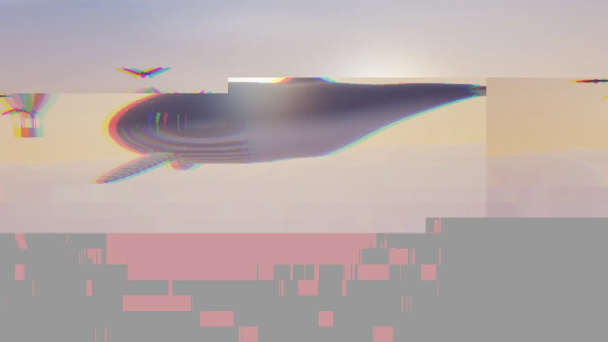 The whale and balloon cut into sideways-shifted bands, the lower third of the frame broken into gray and pink blocks