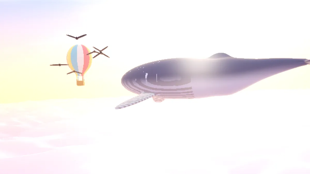 The whale and balloon picture at Brightness 0.25: much of the sky and clouds and the whole glow around the sun are flat pure white with no texture left, and the whale has gone a pale gray-violet