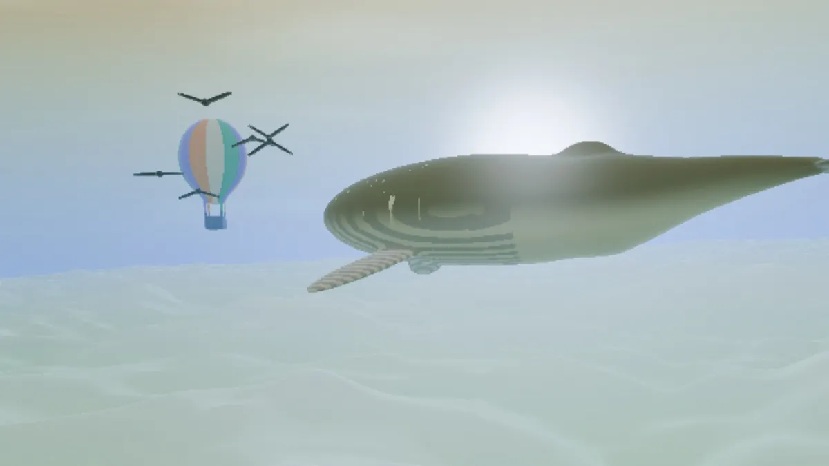 The whale and balloon picture with Hue at 180: the golden horizon turns pale blue, the clouds a pale blue-green gray, the balloon's yellow stripes periwinkle and its pink stripe teal, and the whale a greenish gray