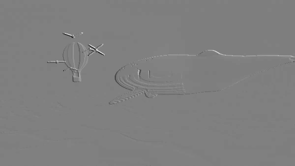 The photo as a flat gray relief lit from the lower left: the dark whale's back catches a bright edge and stands up from the sky, and the balloon and birds show as thin raised lines