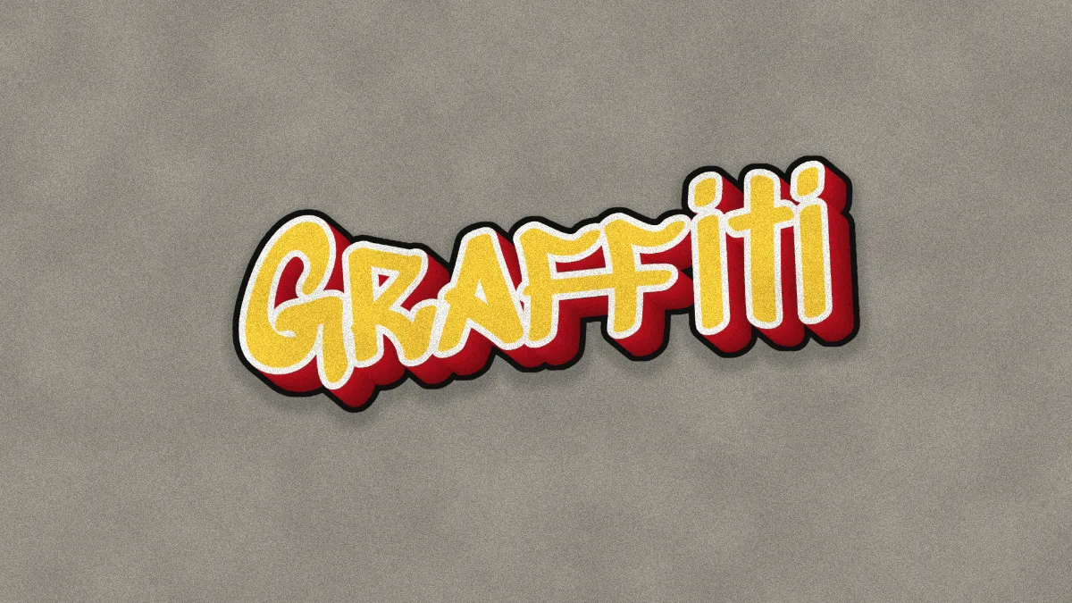 The word Graffiti in yellow Sedgwick Ave Display letters with a white outline and a red 3D drop running down to the right, the piece tilted upward on a speckled gray wall