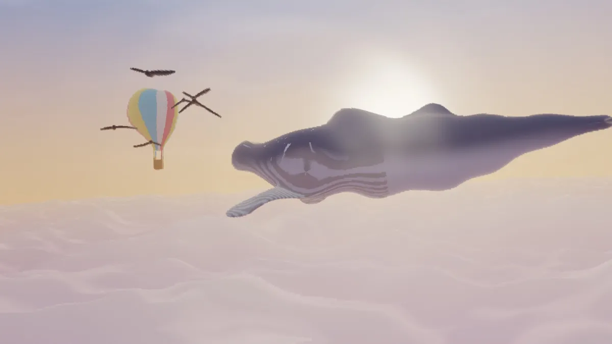 The whale and balloon picture bent by a few broad waves: the whale's outline and belly stripes curve, and the line of the clouds rolls gently