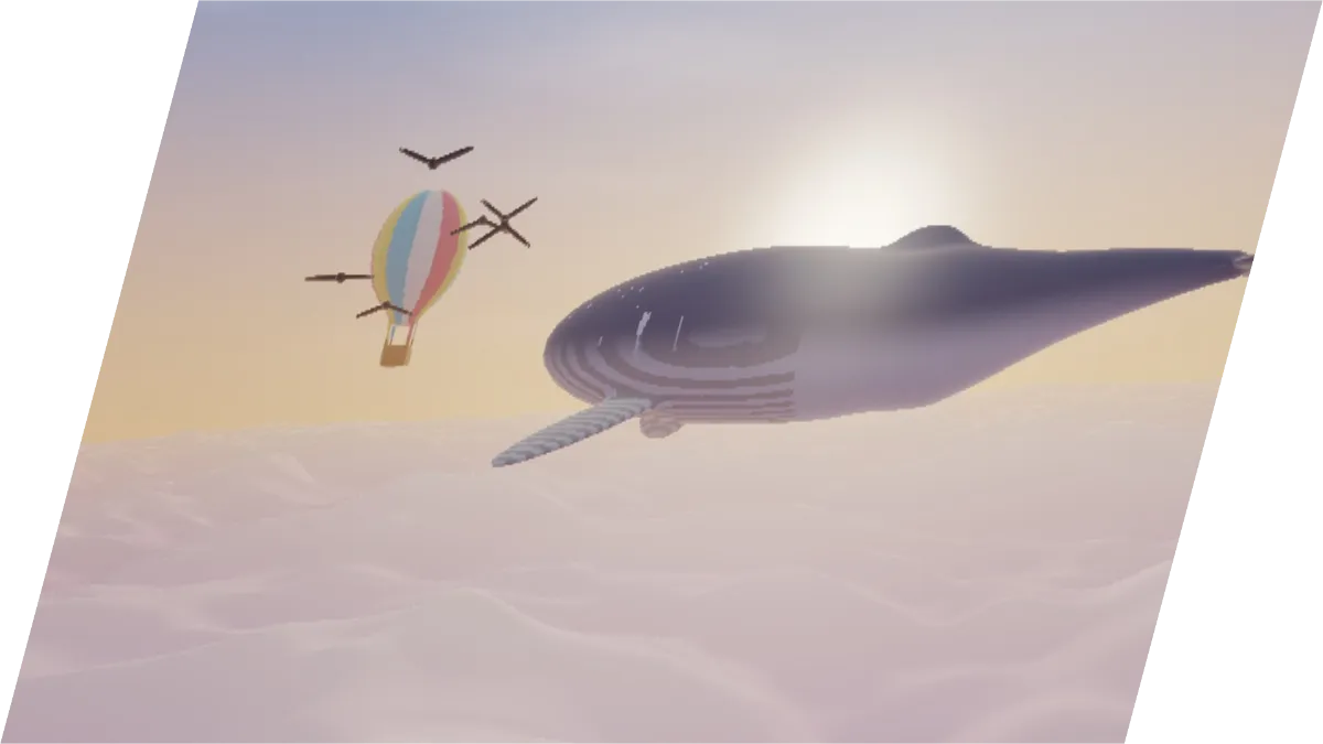 The whale and balloon picture slanted into a parallelogram that leans 15 degrees to the right, with clear triangles in the top left and bottom right corners