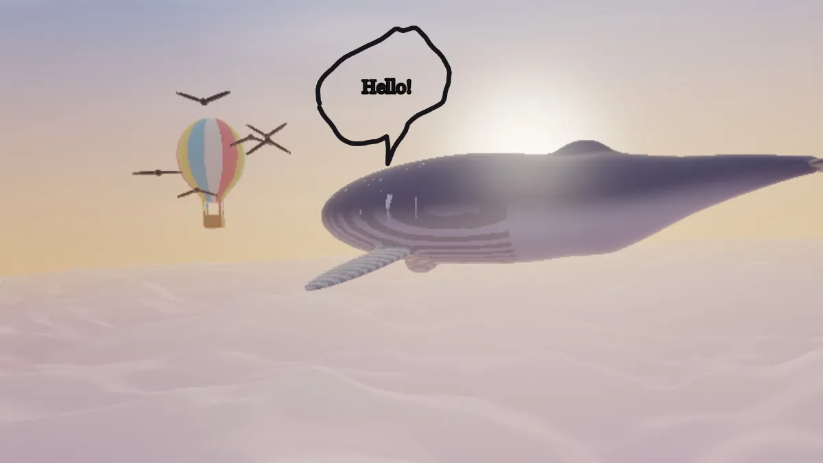 A hand-drawn speech bubble leaning to the left above the whale, its tail pointing straight down at the whale's back, with the word Hello! level inside it