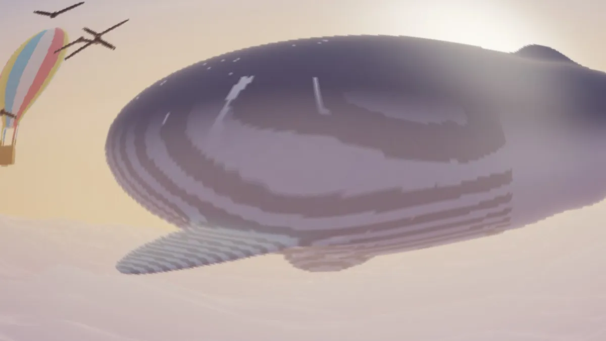 The whale swollen to fill most of the frame by a fisheye bulge, the balloon squeezed toward the left edge