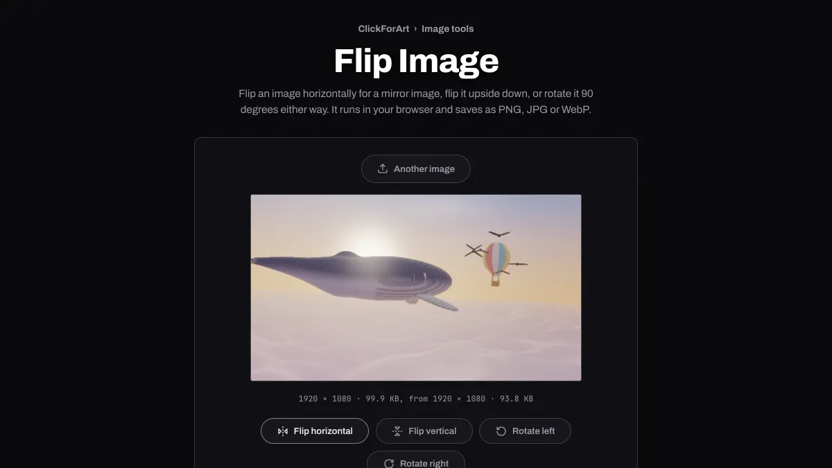 The Flip Image tool showing the whale photo mirrored left to right, with flip and rotate buttons below