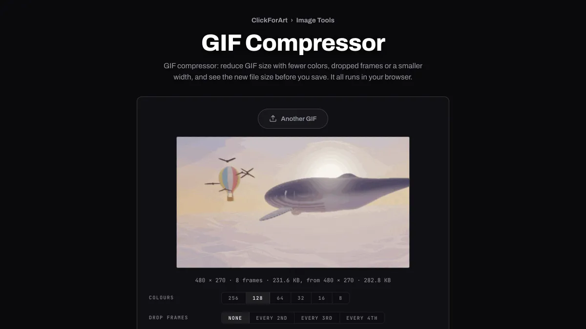 The GIF Compressor tool cutting an 8-frame whale GIF from 282.8 KB to 231.6 KB at 128 colors
