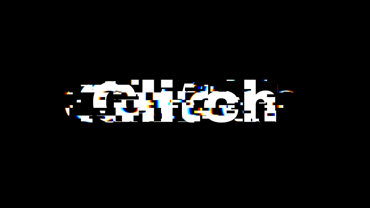 The word "Glitch" in white on black, sliced into strips that jump sideways with red and blue edges