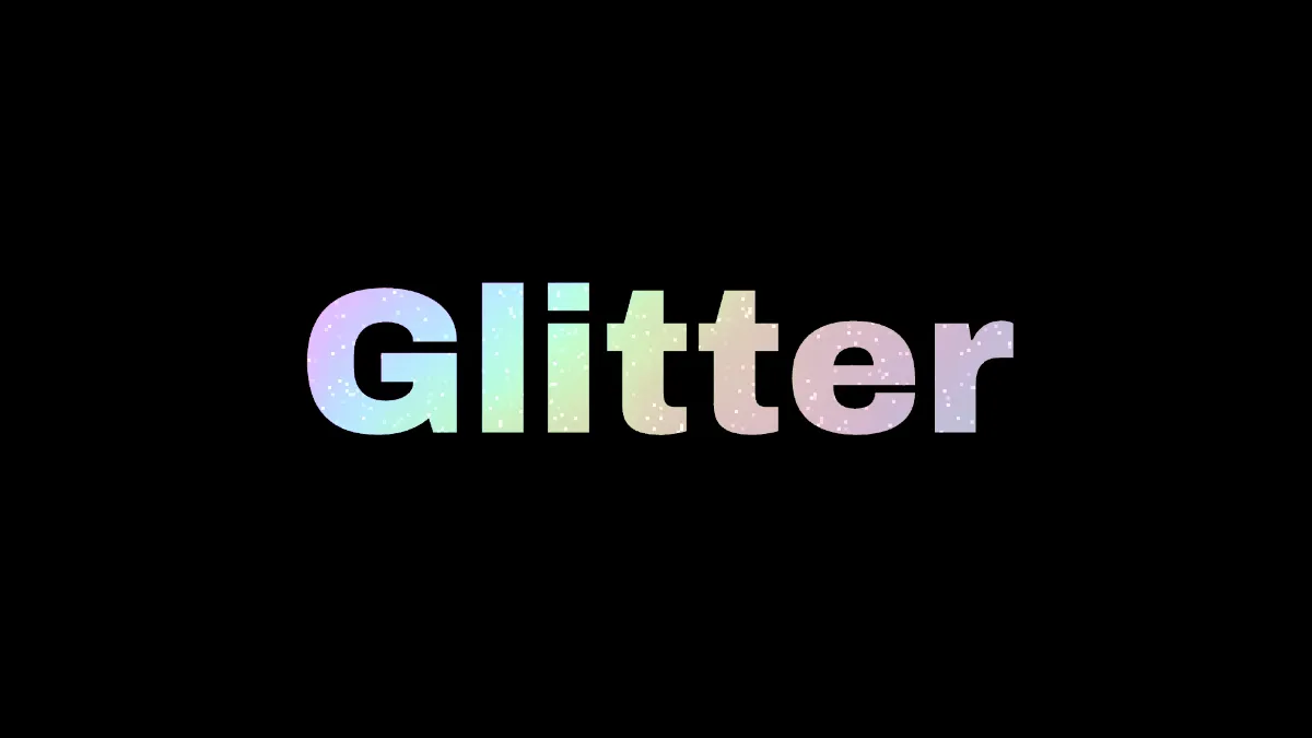The word "Glitter" filled with pastel rainbow foil and tiny white sparkles on black