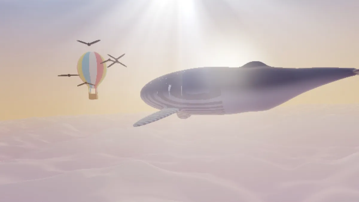 White shafts of light fanning down from the top of the frame over the whale and balloon