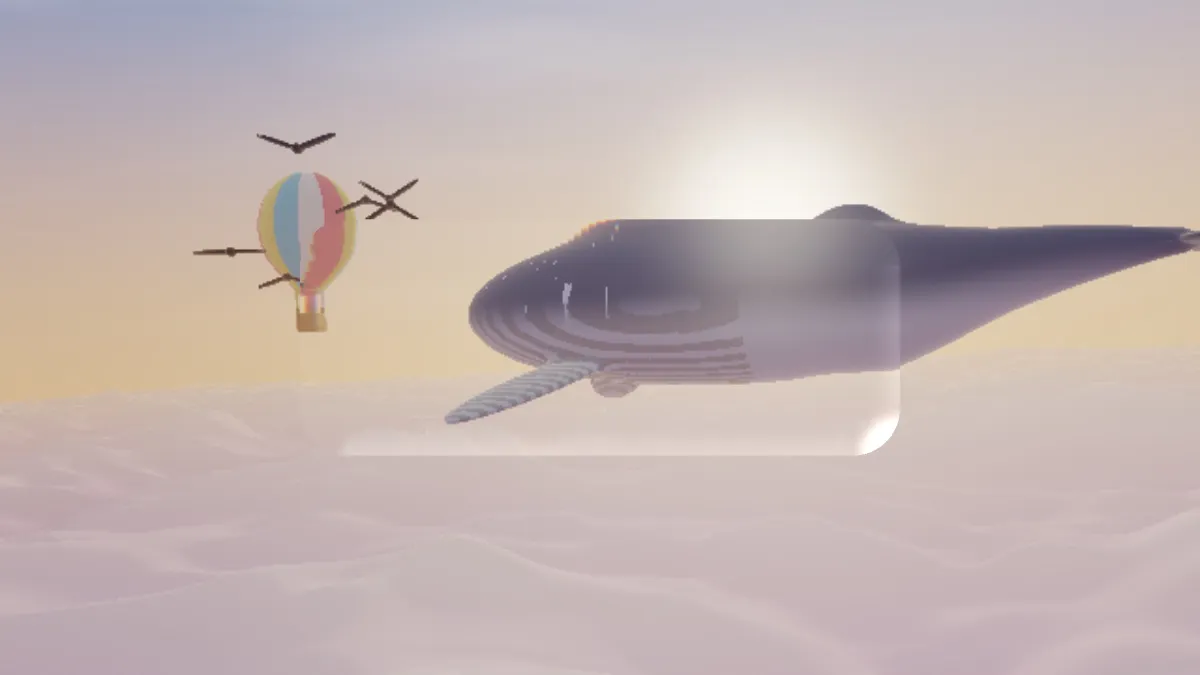 The whale and balloon picture under a clear rounded glass button that bends the whale at its edge