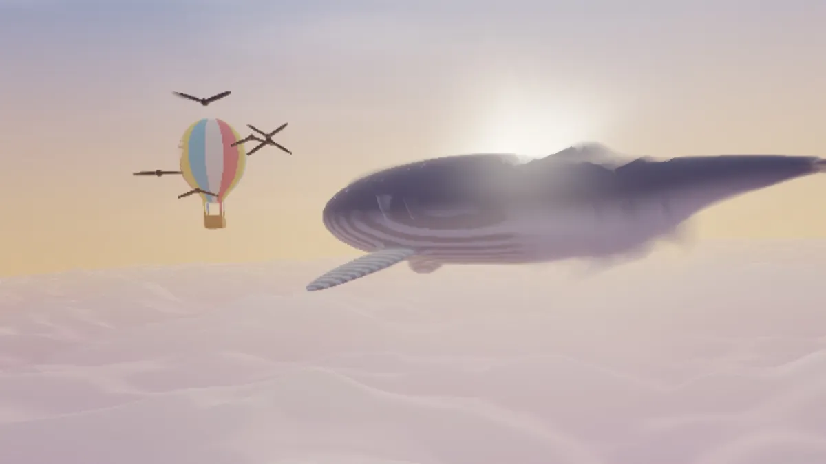The whale and balloon picture with the whale's back starting to drip and smear downward