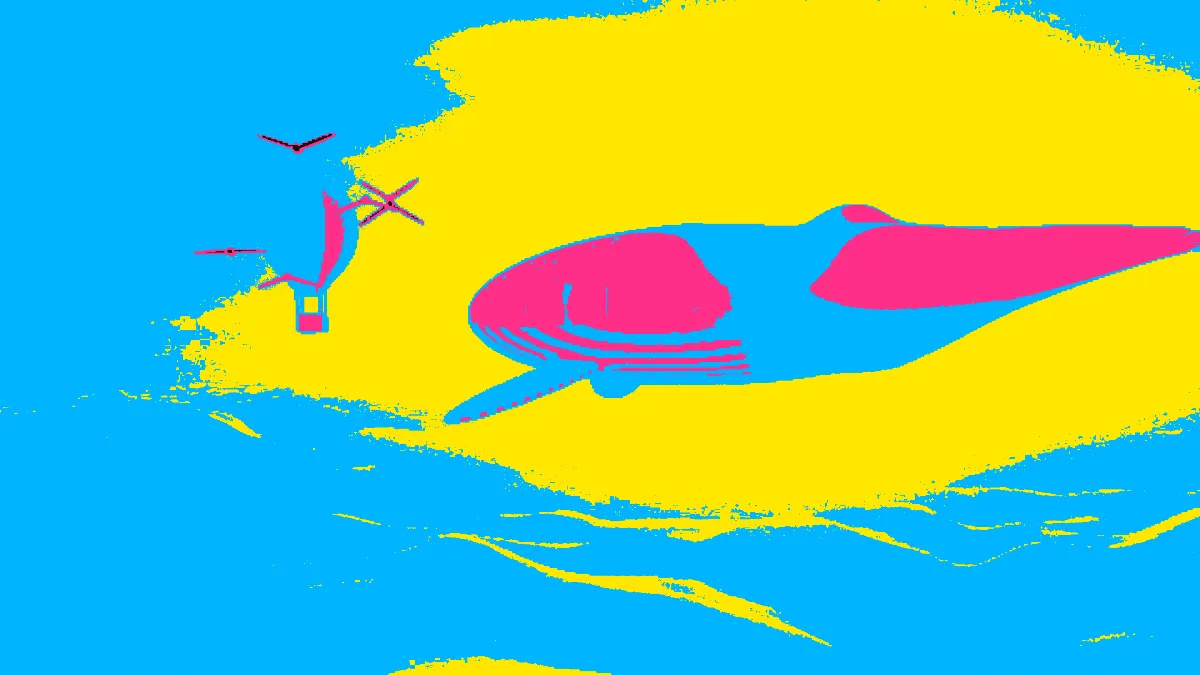 The whale and balloon redrawn in four flat inks of black, hot pink, cyan and yellow