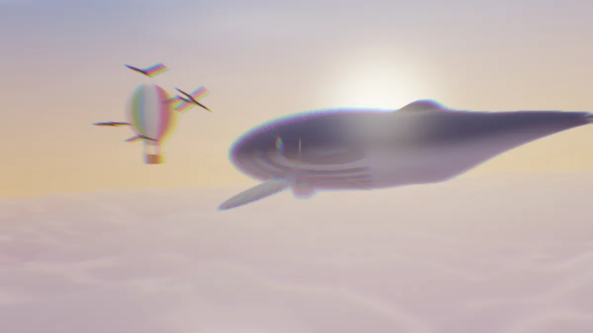 The whale and balloon picture with rainbow fringes smeared outward along the edges of the whale, balloon and birds