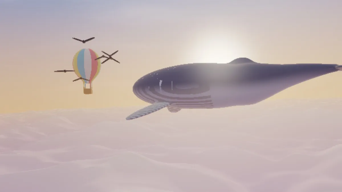 A still from a screen shake, the whale and balloon frame jolted slightly out of its usual place