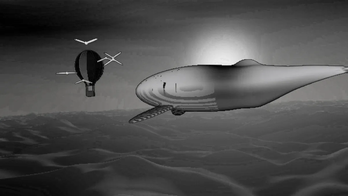The whale and balloon in silvery grays with their tones flipped, so the clouds turn dark and the sun stays bright