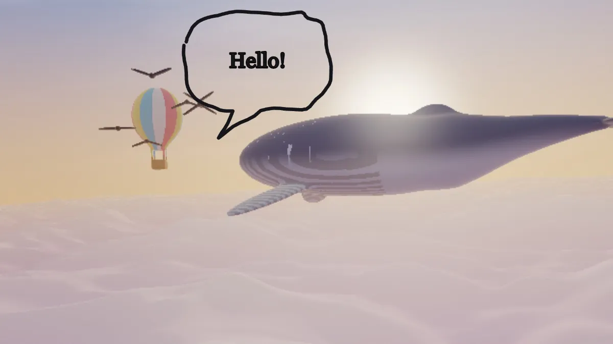 A hand-drawn black speech bubble saying "Hello!" above the whale and balloon
