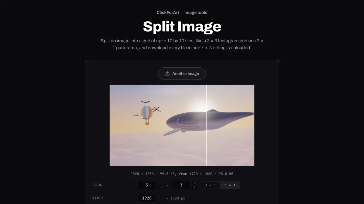 The Split Image tool cutting the whale photo into a 3 × 3 grid