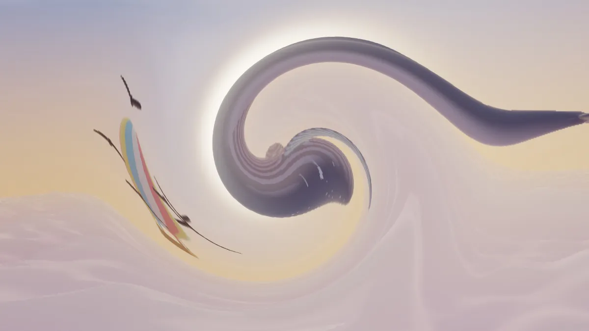 The middle of the picture twisted into a whirlpool, the whale curled into a spiral and the balloon stretched thin