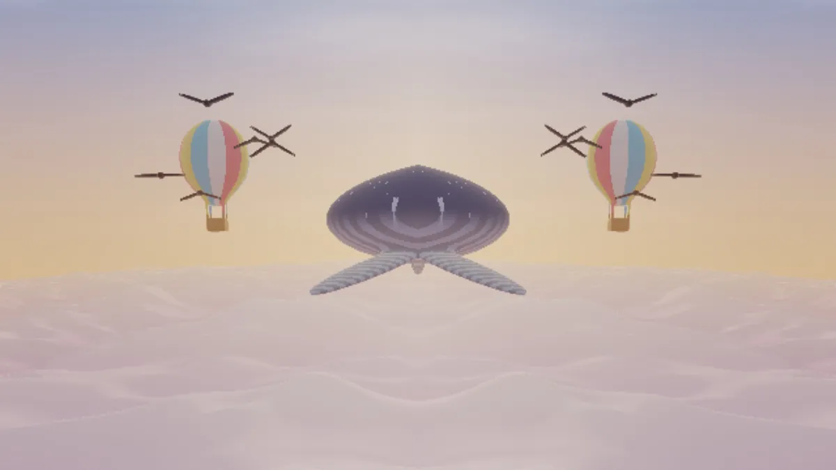 The left half mirrored onto the right: two balloons flanking a symmetrical whale head in the middle