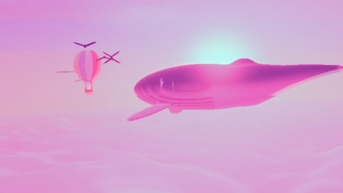 The whale and balloon washed in hot pink and violet, with a mint glow around the sun