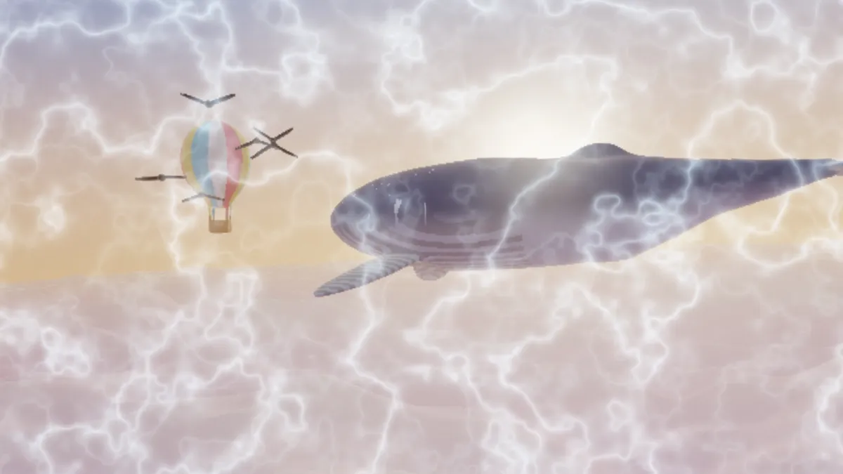 The whale and balloon picture under a net of bright, branching threads of light, as if seen through rippling water
